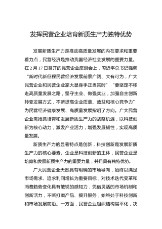 发挥民营企业培育新质生产力独特优势