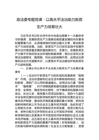 政法委专题党课：以高水平法治助力新质生产力培育壮大
