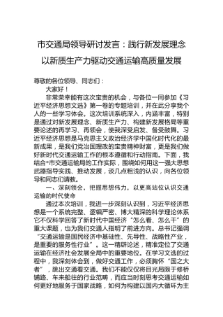 市交通局领导研讨发言：践行新发展理念 以新质生产力驱动交通运输高质量发展