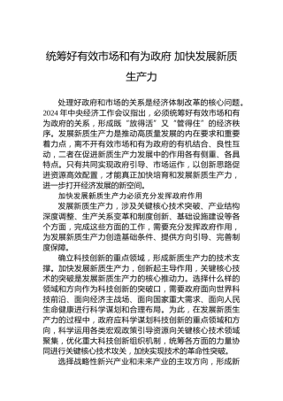 统筹好有效市场和有为政府 加快发展新质生产力