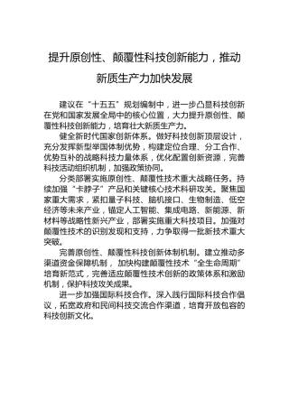 提升原创性、颠覆性科技创新能力，推动新质生产力加快发展