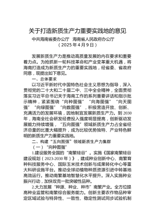 关于打造新质生产力重要实践地的意见
