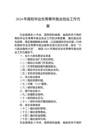 2024年高校毕业生等青年就业创业工作方案