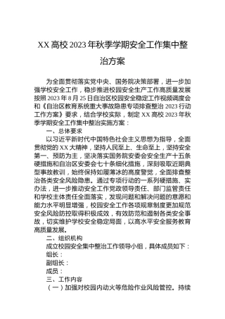XX高校2023年秋季学期安全工作集中整治方案