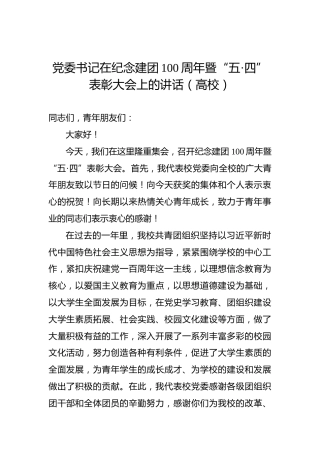 党委书记在纪念建团100周年暨“五·四”表彰大会上的讲话（高校）