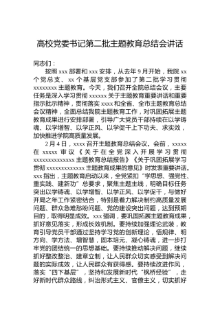 高校党委书记第二批主题教育总结会讲话
