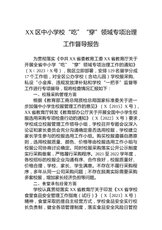 XX区中小学校“吃”“穿”领域专项治理工作督导报告