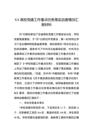 XX高校党建工作重点任务落实自查情况汇报材料