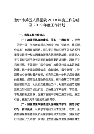 滁州市第五人民医院2018年度工作总结及2019年度工作计划