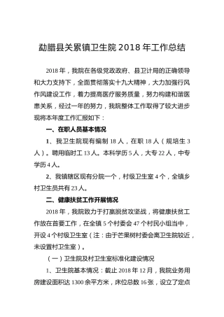 勐腊县关累镇卫生院2018年工作总结