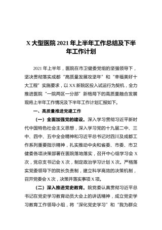 X大型医院2021年上半年工作总结及下半年工作计划