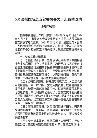 2024年XX县某医院总支部委员会关于巡察整改情况的报告