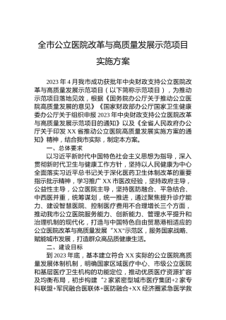 全市公立医院改革与高质量发展示范项目实施方案