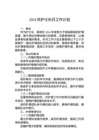 2024年护士长月工作计划