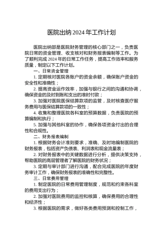 医院出纳2024年工作计划