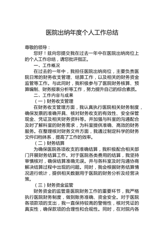 医院出纳年度个人工作总结