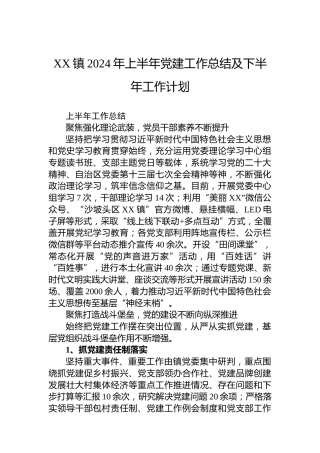 XX镇2024年上半年党建工作总结及下半年工作计划