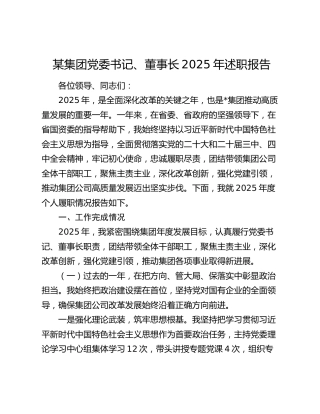 某集团党委书记、董事长2025年述职报告