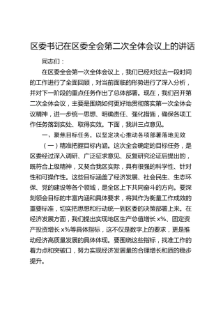 区委书记在区委全会第二次全体会议上的讲话