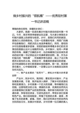 做乡村振兴的“领航雁”——优秀驻村第一书记讲话稿