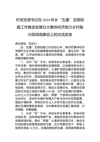 村党支部书记在2024年乡“五星”支部创建工作推进会暨壮大集体经济助力乡村振兴现场观摩会上的交流发言