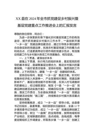 XX县在2024年全市抓党建促乡村振兴暨基层党建重点工作推进会上的汇报发言