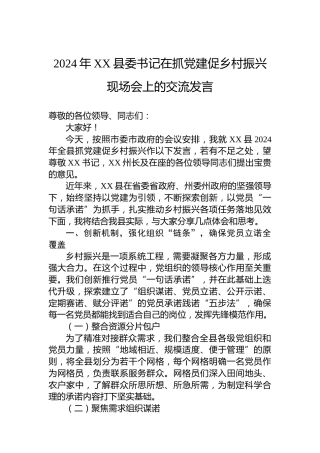 2024年XX县委书记在抓党建促乡村振兴现场会上的交流发言