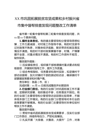 XX市巩固拓展脱贫攻坚成果和乡村振兴省市集中督帮排查发现问题整改工作清单