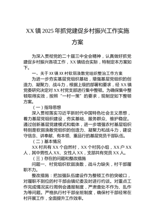 XX镇2025年抓党建促乡村振兴工作实施方案