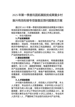 2025年第一季度巩固拓展脱贫成果暨乡村振兴有效衔接专项督查反馈问题整改方案