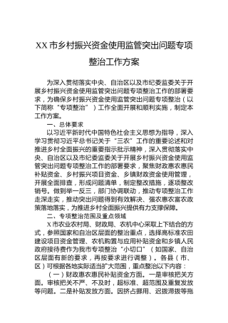 XX市乡村振兴资金使用监管突出问题专项整治工作方案