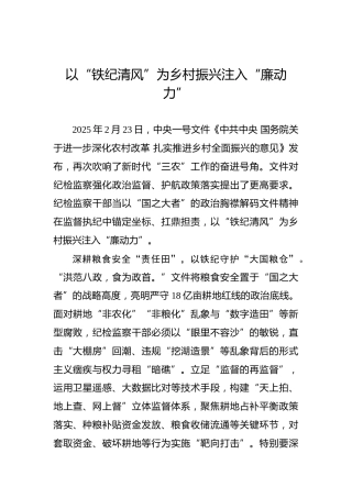 以“铁纪清风”为乡村振兴注入“廉动力”