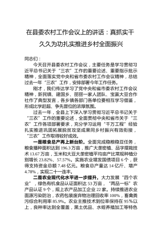 在县委农村工作会议上的讲话：真抓实干 久久为功扎实推进乡村全面振兴