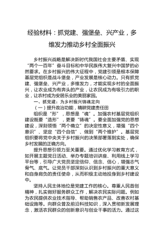 经验材料：抓党建、强堡垒、兴产业，多维发力推动乡村全面振兴