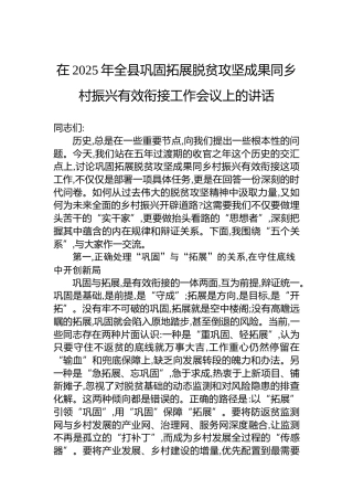 在2025年全县巩固拓展脱贫攻坚成果同乡村振兴有效衔接工作会议上的讲话