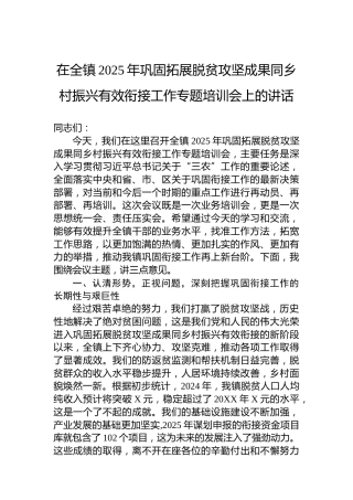 在全镇2025年巩固拓展脱贫攻坚成果同乡村振兴有效衔接工作专题培训会上的讲话