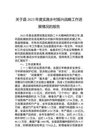 关于县2023年度实施乡村振兴战略工作进展情况的报告