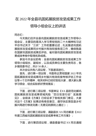 在2022年全县巩固拓展脱贫攻坚成果工作领导小组会议上的讲话