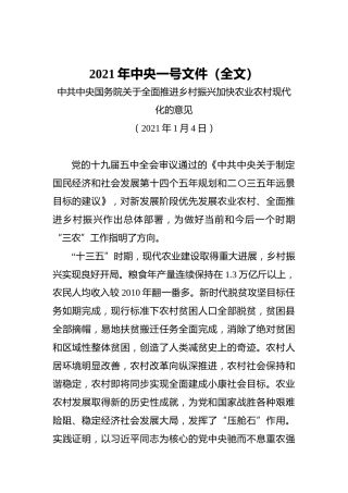2021年中央一号文件-关于全面推进乡村振兴加快农业农村现代化的意见(全文）