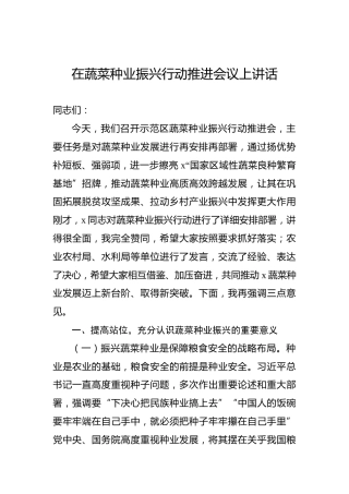 在蔬菜种业振兴行动推进会议上讲话
