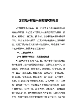 区实施乡村振兴战略情况的报告