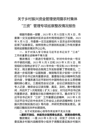 关于乡村振兴资金管理使用暨农村集体“三资”管理专项巡察整改情况报告