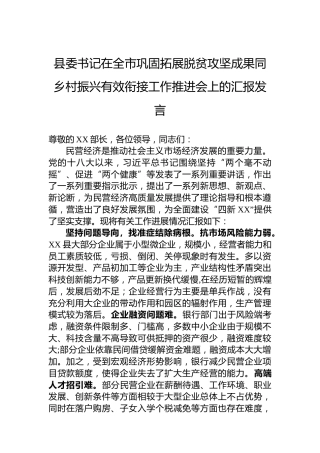 县委书记在全市巩固拓展脱贫攻坚成果同乡村振兴有效衔接工作推进会上的汇报发言