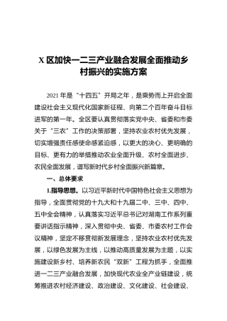 X区加快一二三产业融合发展全面推动乡村振兴的实施方案
