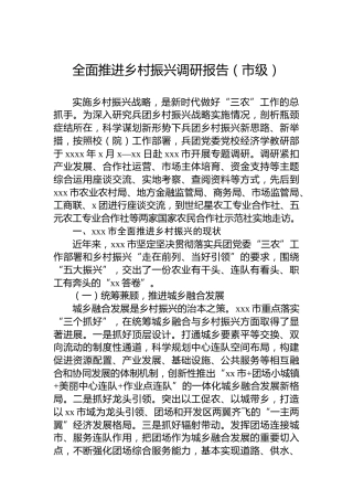 全面推进乡村振兴调研报告（市级）