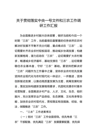 关于贯彻落实中央一号文件和三农工作调研工作汇报