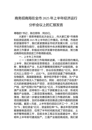 商务招商局在全市2025年上半年经济运行分析会议上的汇报发言