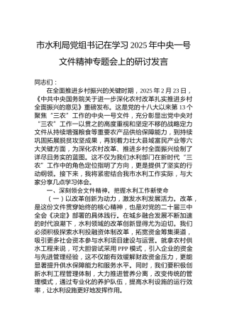 市水利局党组书记在学习2025年中央一号文件精神专题会上的研讨发言