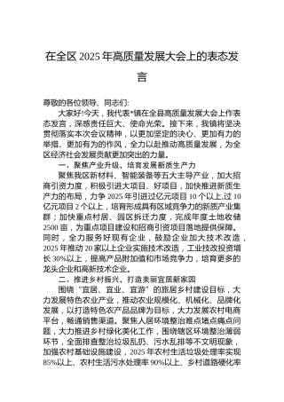 在全区2025年高质量发展大会上的表态发言