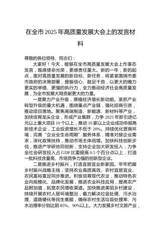 在全市2025年高质量发展大会上的发言材料